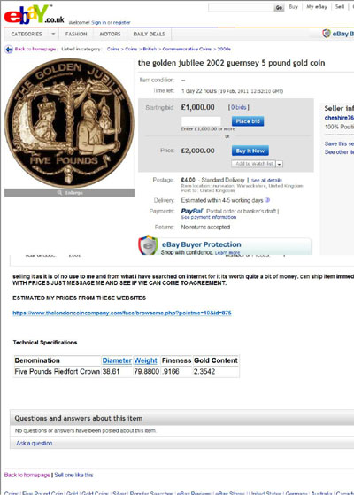 cheshire764's eBay Listing Using our 2002 Guernsey Gold Proof 5 Piedfort Crown Photographs